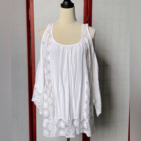 Solitaire Swim White Swimsuit Cover-Up w/Sheer Lace & Bell Sleeves (LG) - Picture 6 of 15